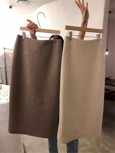 毛呢半身裙女春秋中长款高腰显瘦直筒小个子冬季开叉包臂一步裙