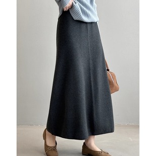 深灰色毛线针织半身裙女秋冬中长款A字裙高腰小个子垂感包臂长裙