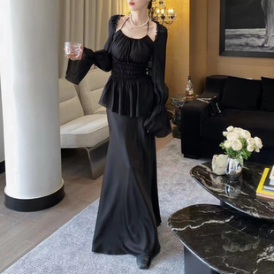 法式黑色气质丝绸缎面半身裙女夏季中长款A字裙高腰垂感鱼尾长裙