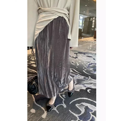 复古A型丝绒半身裙褶皱开叉长裙