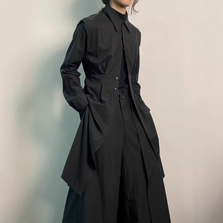 暗黑系复古山本风中长款开叉束腰衬衫裙男女款设计感先锋修身风衣