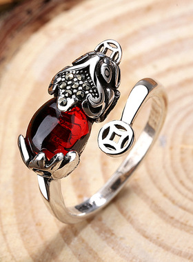 新款复古泰银铜钱石榴石貔貅戒指女个性创意款女生活口红宝石指环
