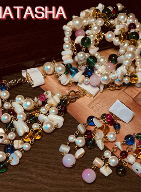 中古vintage珍珠贝壳多层叠带项链套装欧美夸张复古长款流苏耳钉