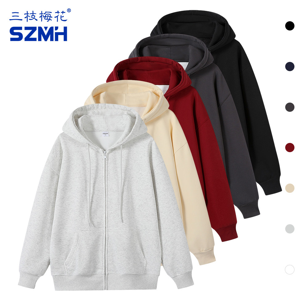 三枝梅花连帽运动卫衣男宽松450g重磅纯棉加绒休闲外套女拉链开衫
