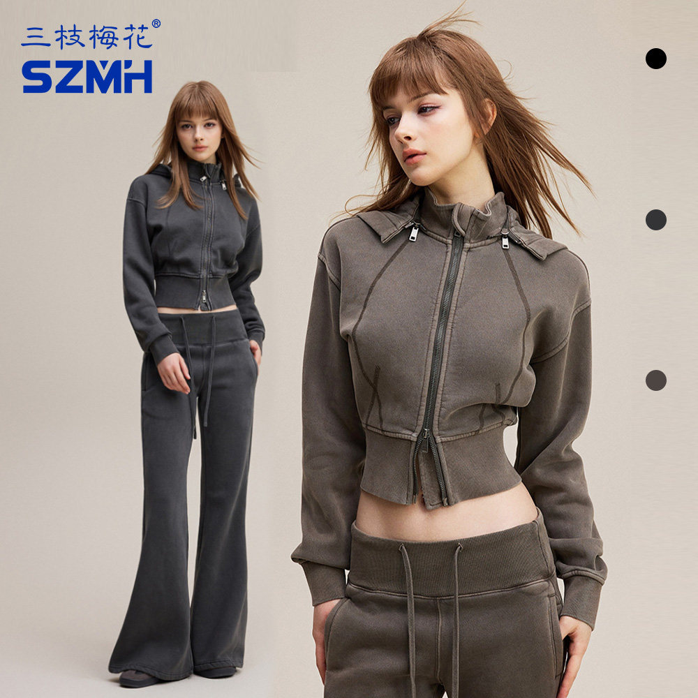 三枝梅花连帽卫衣女400g加绒保暖复古收腰双拉链运动外套秋冬新款