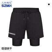 带内衬假两件健身跑步五分裤 三枝梅花运动短裤 男宽松透气篮球裤 夏
