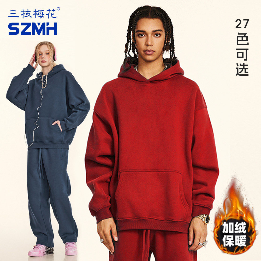 三枝梅花红色连帽卫衣男女宽松美式重磅加绒套头衫2026新款本命年