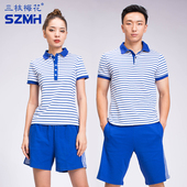 新款 三枝梅花运动短袖 女蓝白条纹纯棉情侣T恤夏季 男海魂衫 polo衫