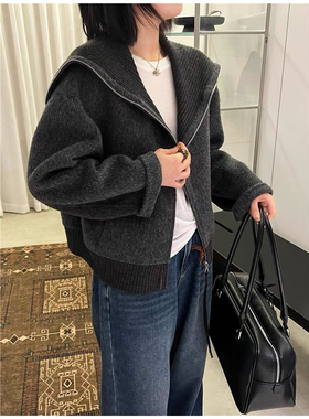 欧货同款2025秋冬针织大翻领拉链羊绒外套女韩版减龄羊毛呢外套