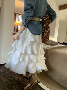 韵芭莎8092新款法式复古荷叶边蛋糕半身裙女中长款A字裙百搭显瘦