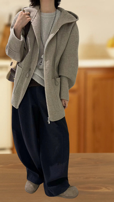 2025秋季新款 时尚气质连帽抽绳拉链百搭休闲口袋款羊绒外套8083S