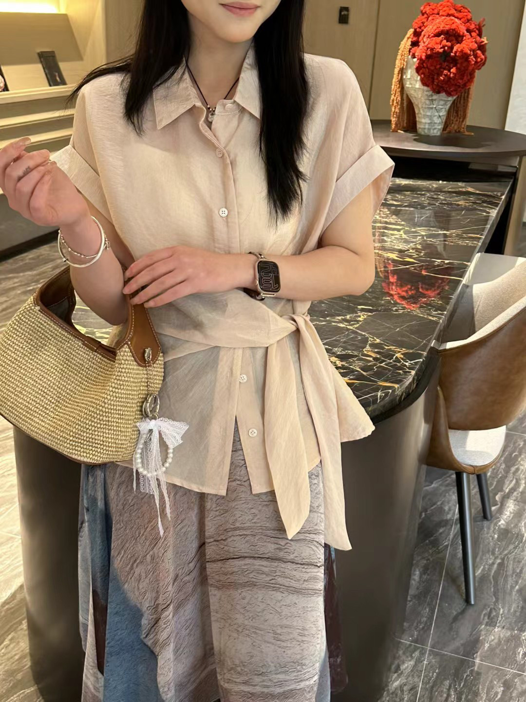 星尚眼2026通勤主义韩系天丝亚麻衬衫女夏气质绑带收腰显瘦上衣图片