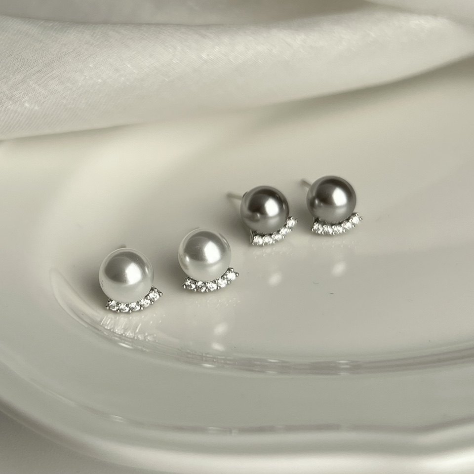 精致镶锆石微笑珍珠耳钉澳白色施家925银针简约排钻真多麻色耳环