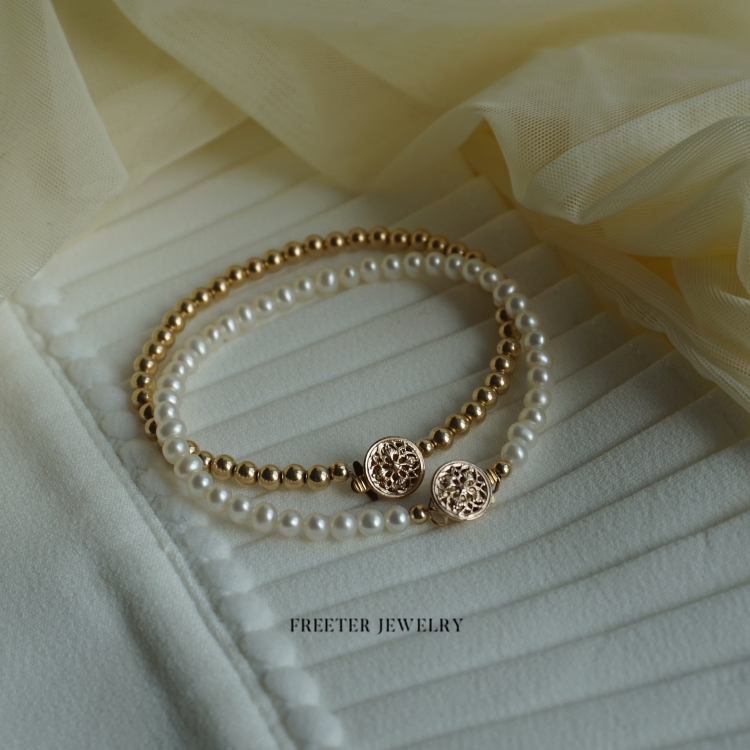 小众设计 精致复古14k包金天然淡水珍珠手镯镂空雕花扣金珠手链
