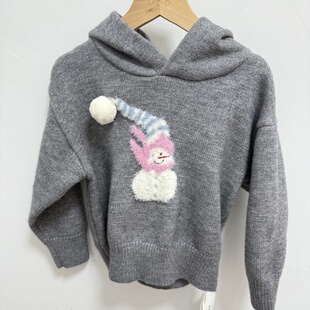 实体精品童装店女童中大童灰色立体小雪人连帽衫针织衫