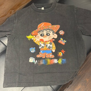 夏季 中大童美式 复古水洗灰卡通印花短袖 T恤 蜡笔小新联名印花 新款