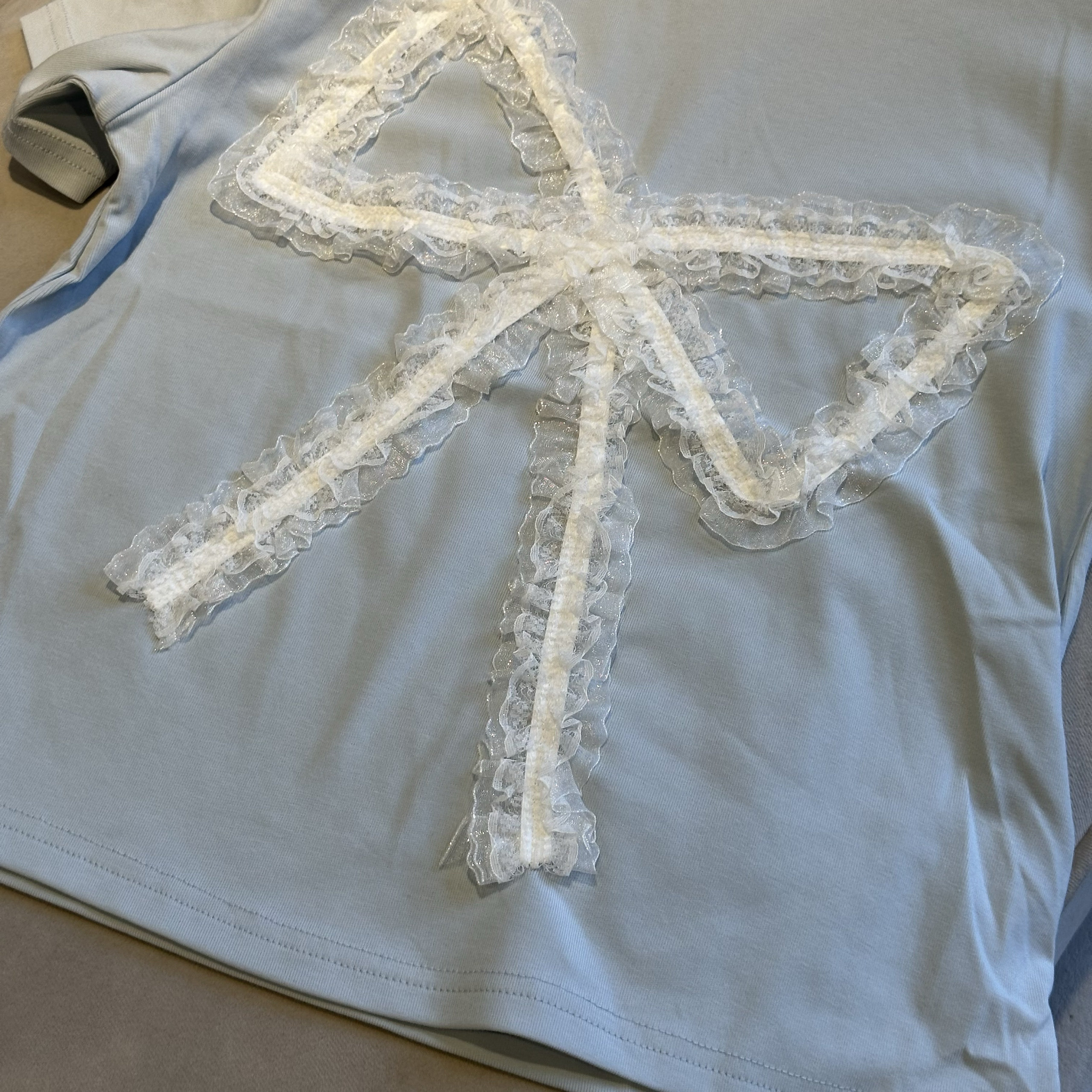 vogue baby beginning实体精品童装店女童蝴蝶结蕾丝短袖T恤