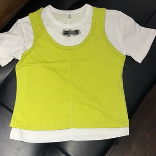 夏季 女童中大童元 气撞色短袖 假两件T恤 荧光绿背心可脱卸上衣 新款