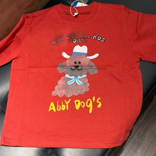 中大童锈红色短袖 夏季 新款 纯棉可爱小狗印花logo刺绣 卡通印花T恤