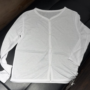 女童中大童珍珠白雪画棉透气长袖 夏季 新款 蕾丝边轻薄透气T恤 开衫