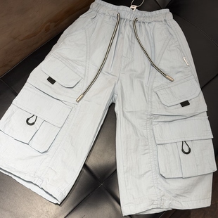 新款 中小童浅蓝色工装 长裤 夏季 潮酷多口袋休闲透气超薄休闲直筒裤