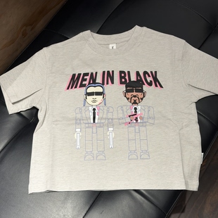 中小童浅灰色趣味印花短袖 夏季 新款 纯棉黑粉字母水印圆领上衣 T恤