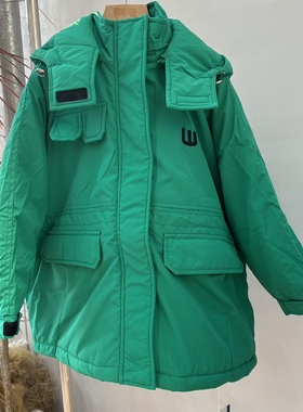 实体精品童装店 中大童绿色连帽魔术贴袖口棉服 帽子可脱卸