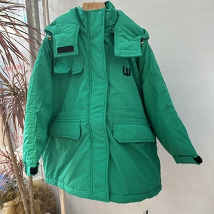 实体精品童装店 中大童绿色连帽魔术贴袖口棉服 帽子可脱卸