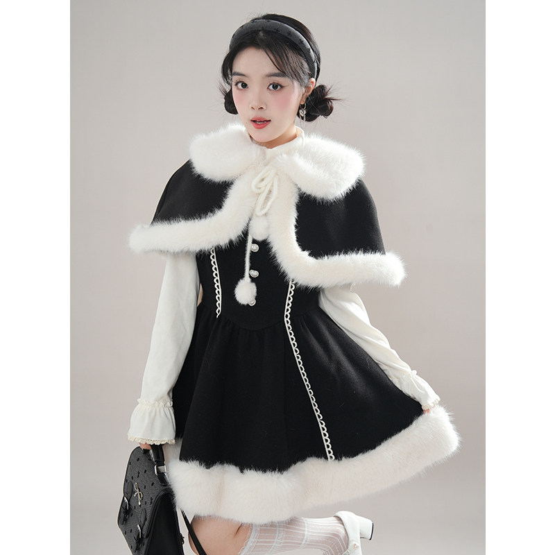 毛茸茸斗篷呢子套装裙女2024秋冬新款加厚毛绒拼接圣诞裙子三件套,女装/女士精品,时尚套装,淘宝优惠券,粉丝福利购,淘宝优惠卷