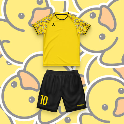路克士高级定制款小黄鸭恐龙元素运动短袖足球服男女儿童比赛服