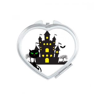 万圣节恐怖阴森城堡与猫心形化妆镜子便携小镜子迷你双面镜礼品