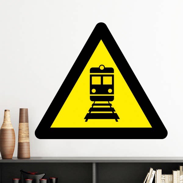 当心火车黄底黑边三角形警告标志墙贴壁纸房间贴花