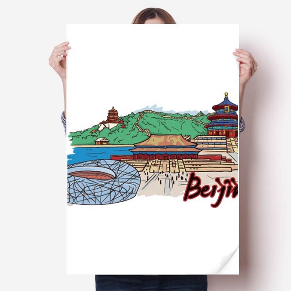 手绘天安门故宫鸟巢北京中国海报贴纸80x55cm墙贴纸卧室家居装饰