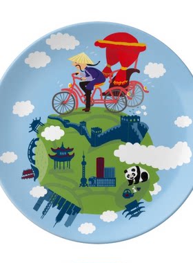 中国旅游人力三轮车长城陶瓷餐盘子8寸月光盘餐具家居礼物