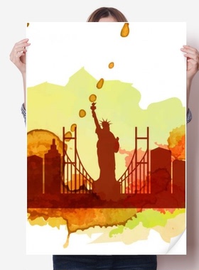 美国黄色水彩自由女神像地表插画图案海报贴纸80x55cm墙贴纸卧室家居装饰