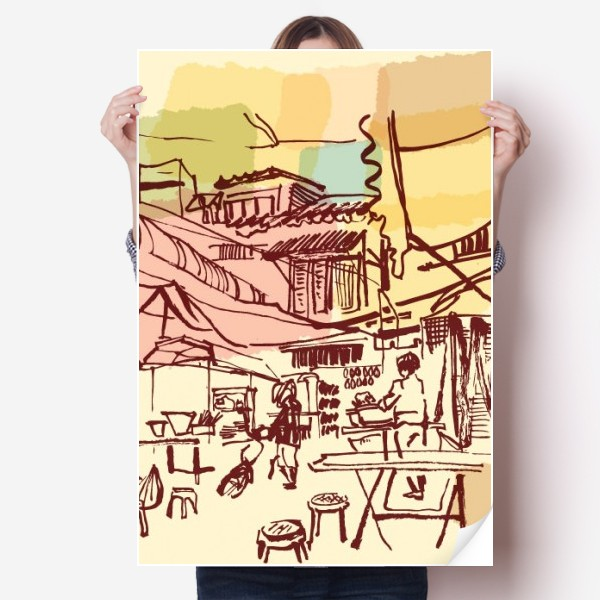 泰国简笔画繁荣的村落海报贴纸80x55cm墙贴纸卧室家居装饰