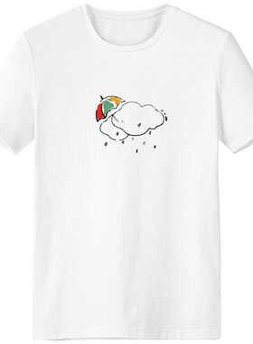 雨伞天气云插画纹样男女白色短袖T恤创意纪念衫个性T恤衫礼物