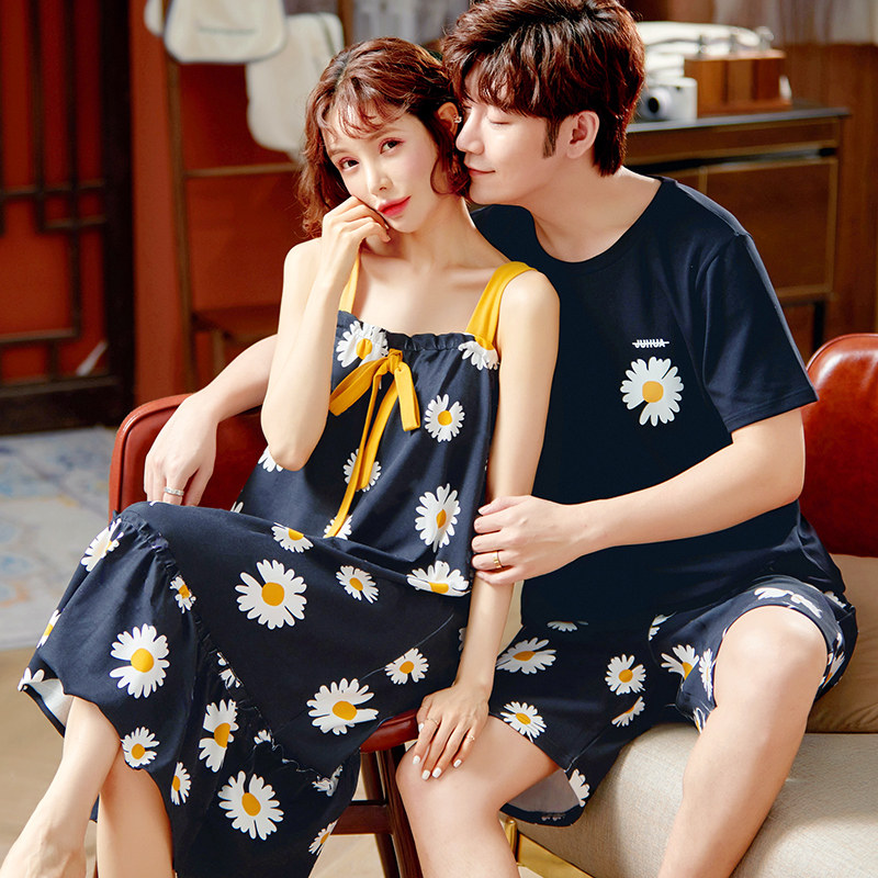 32021年新款小雏菊情侣睡衣女夏季纯棉短袖睡裙吊带两件套家居服男