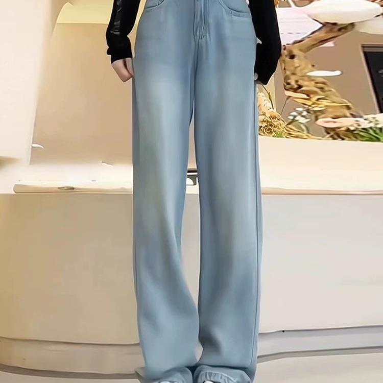 浅色天丝直筒牛仔裤女2025夏季薄款宽松显瘦梨形身材冰丝阔腿裤子