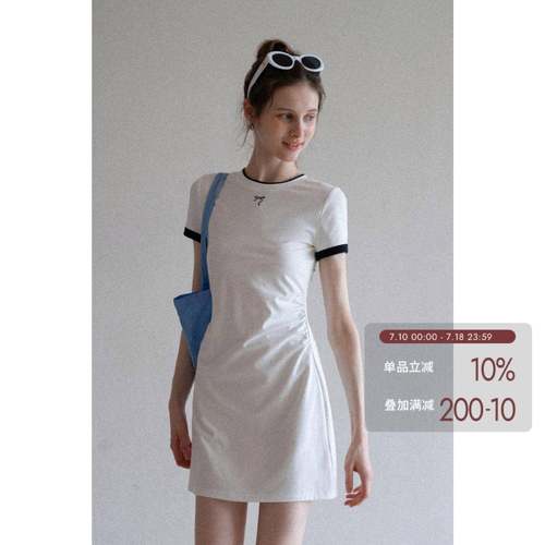 EGGKA白色休闲气质收腰撞色连衣裙女夏圆领短袖修身通勤显瘦短裙