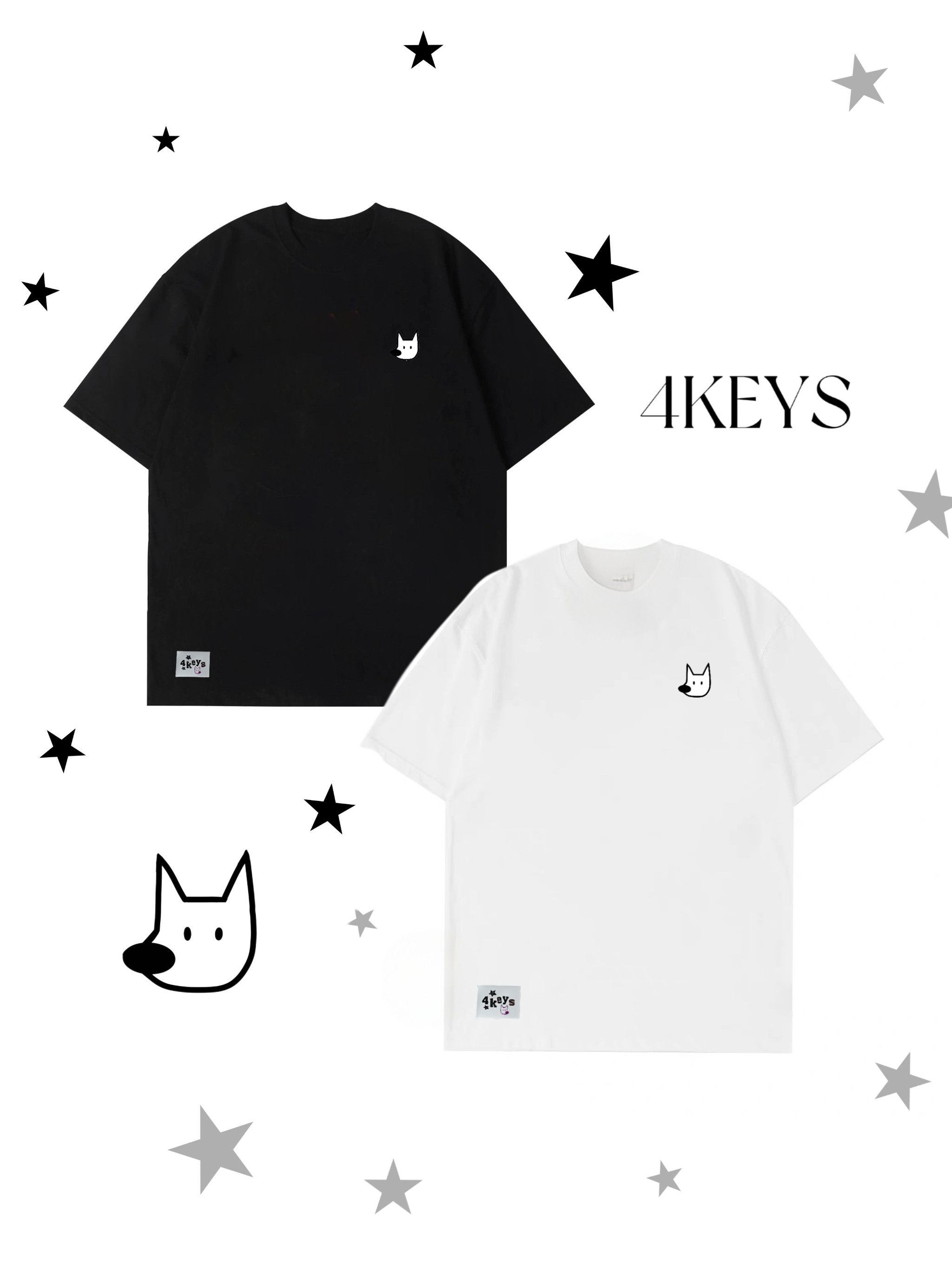 4KEYS原创自制小狗刺绣T恤定制贴布简约黑白情侣装闺蜜装短袖纯棉