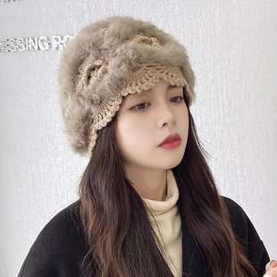 秋冬保暖手工钩针兔毛皮草针织毛线帽子女韩版 可爱镂空花朵包头帽