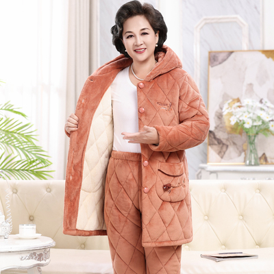 加长连帽秋冬季夹棉睡衣女中老年三层加厚妈妈珊瑚绒加绒保暖套装
