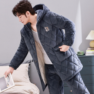 加长款连帽男士睡衣珊瑚绒夹棉三层加厚加绒秋冬季保暖家居服套装