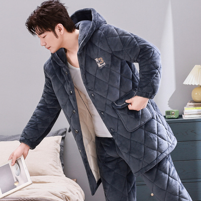 加长款连帽男士珊瑚绒夹棉睡衣