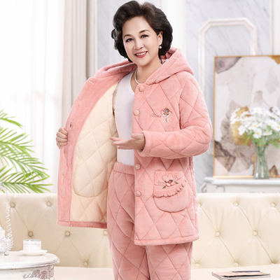 秋冬季睡衣女珊瑚绒三层夹棉加厚中老年人加绒保暖家居服妈妈冬款