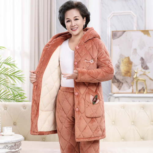 加长款连帽秋冬季中老年睡衣女珊瑚绒夹棉加厚加绒奶奶保暖家居服