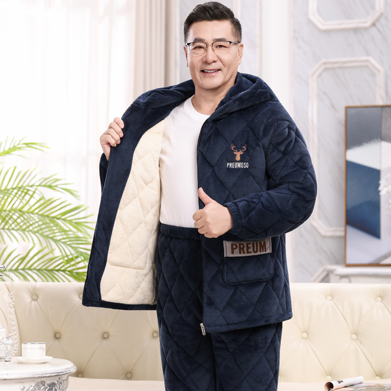 连帽男士睡衣秋冬季加厚加绒珊瑚绒夹棉中老年保暖爸爸家居服套装