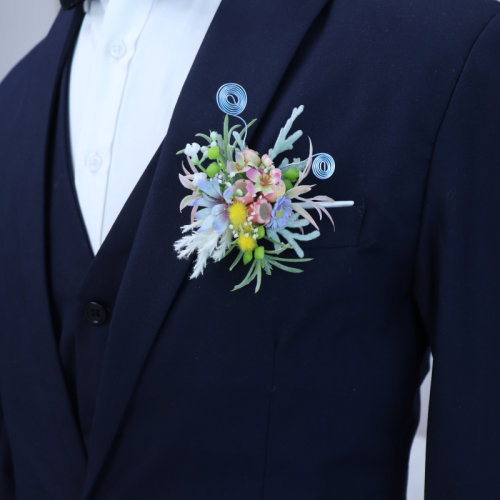 原创森系蓝粉婚礼新郎新娘结婚胸花戒指花手腕花伴手礼拍照道具