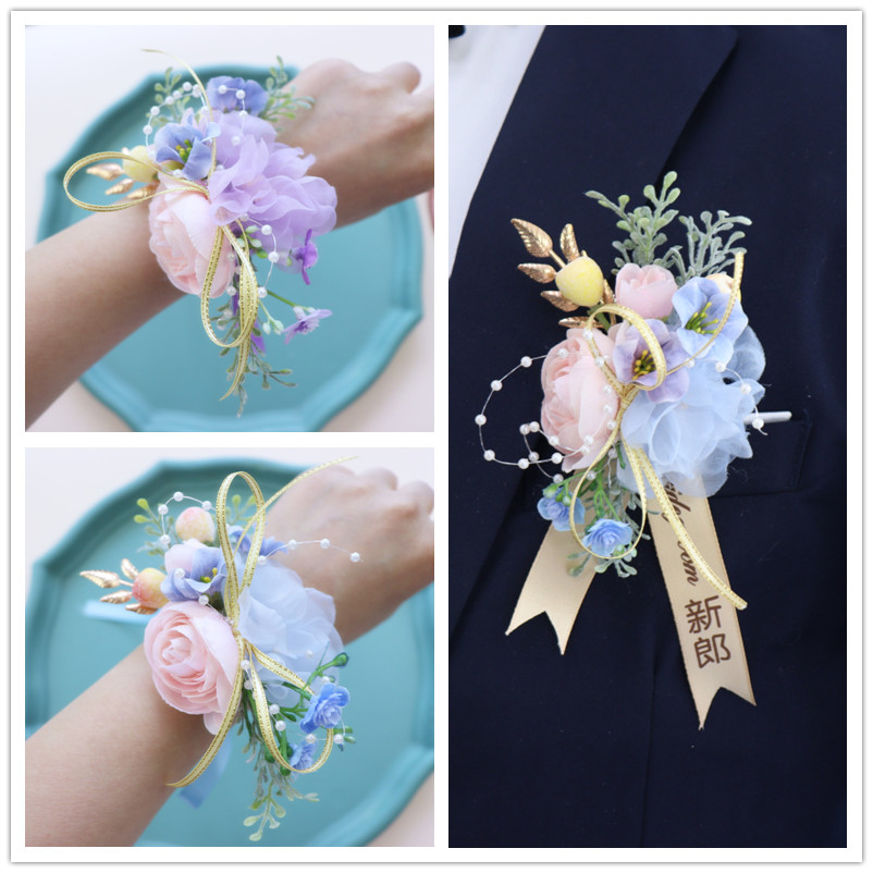 原创ins唯美仙粉蓝玫瑰森系胸花西式结婚新郎新娘伴郎伴娘手腕花